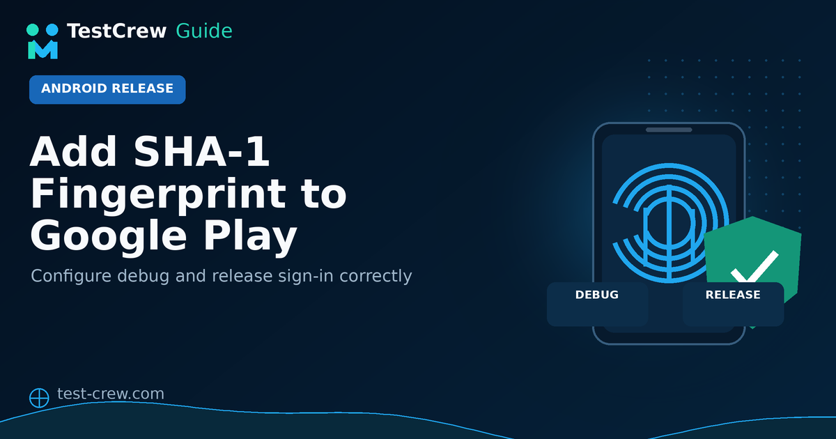 TestCrew guide cover explaining Firebase SHA fingerprints for Android builds