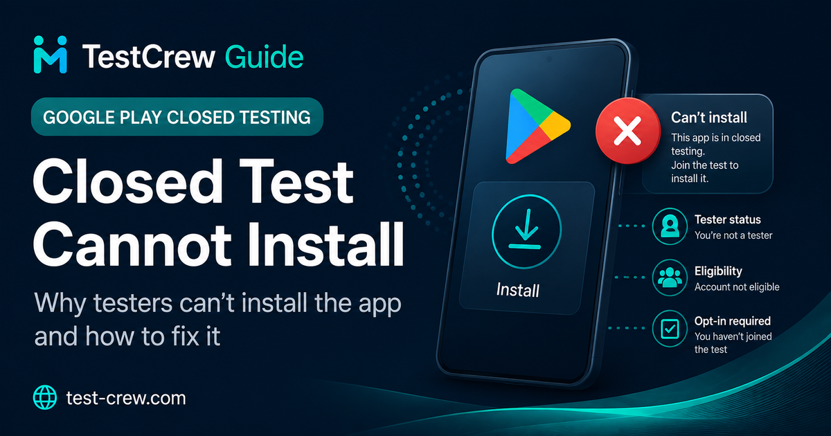 TestCrew guide cover for closed-test participation and installation troubleshooting
