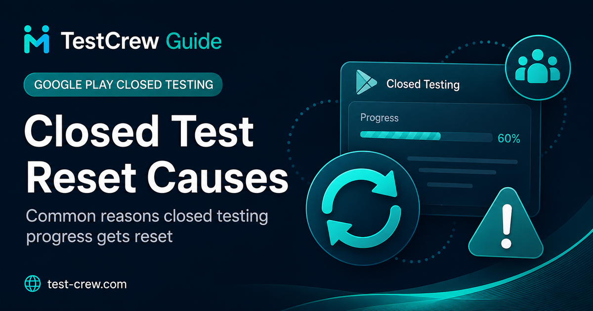 TestCrew guide cover explaining why a Google Play closed-test period may appear to reset