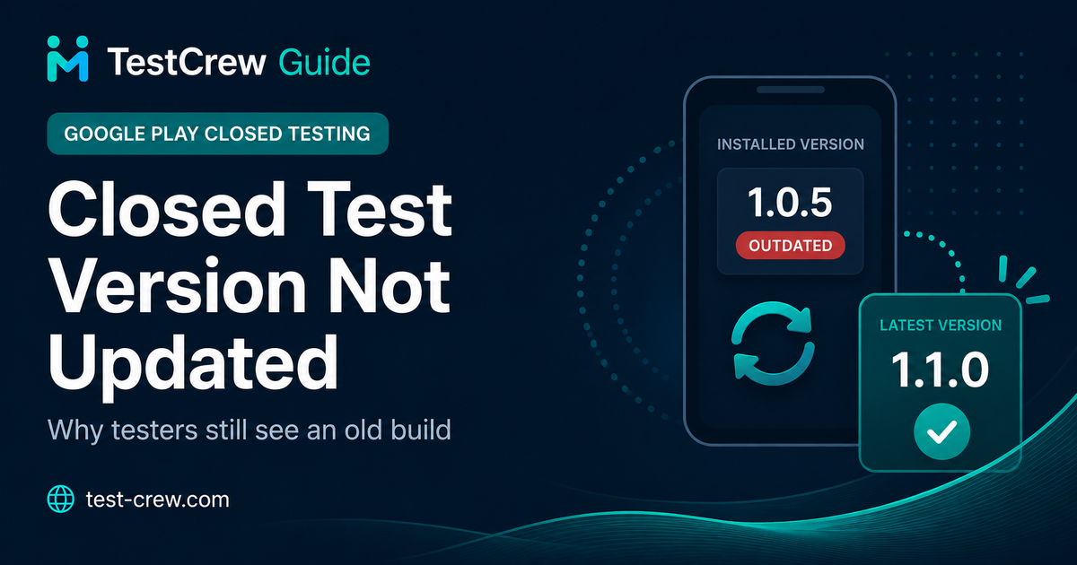 TestCrew guide cover for troubleshooting a Google Play closed-test version that is not updating